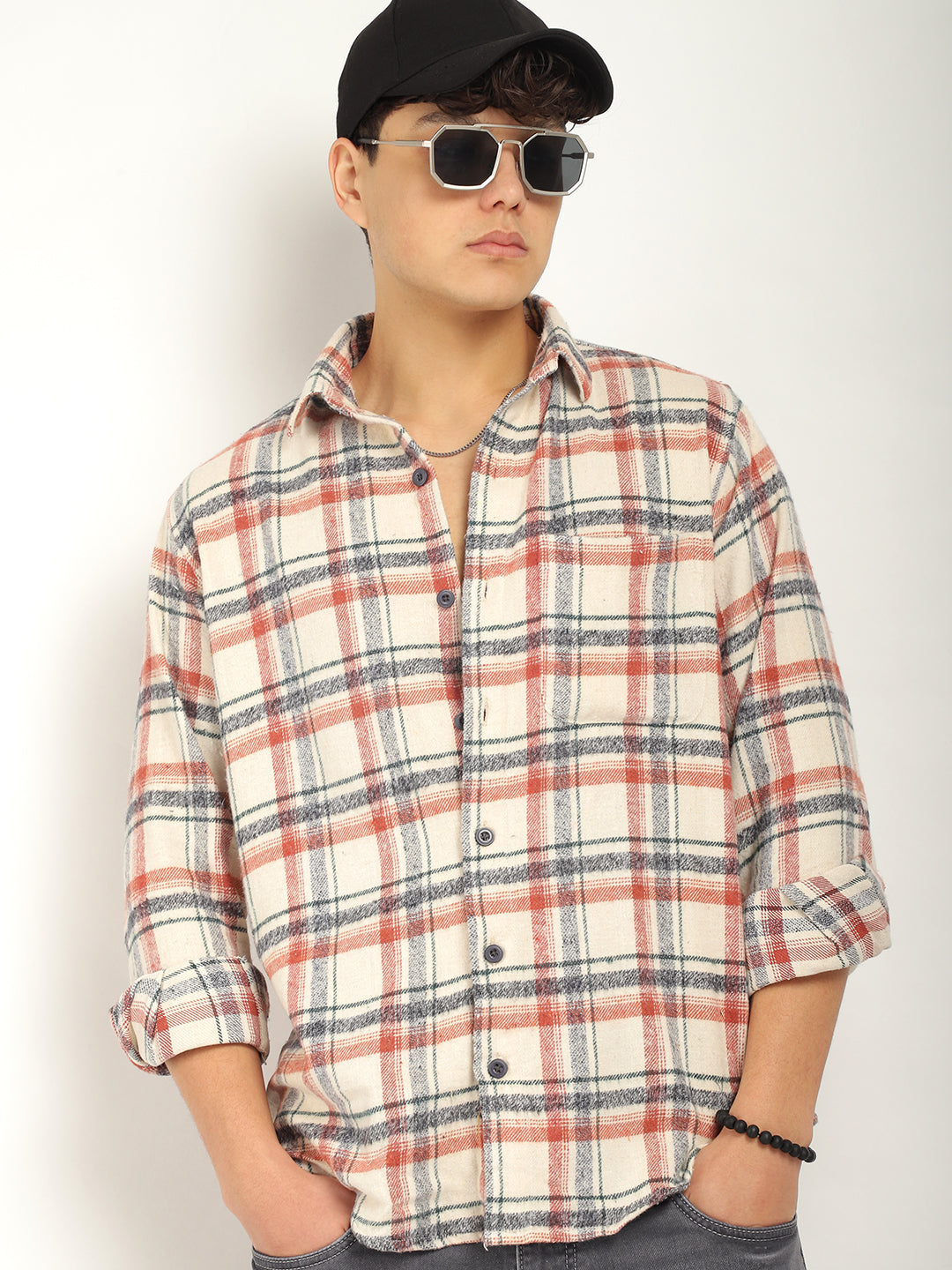 Urban Twill Off White & Rose Brown Flannel Check Shirt