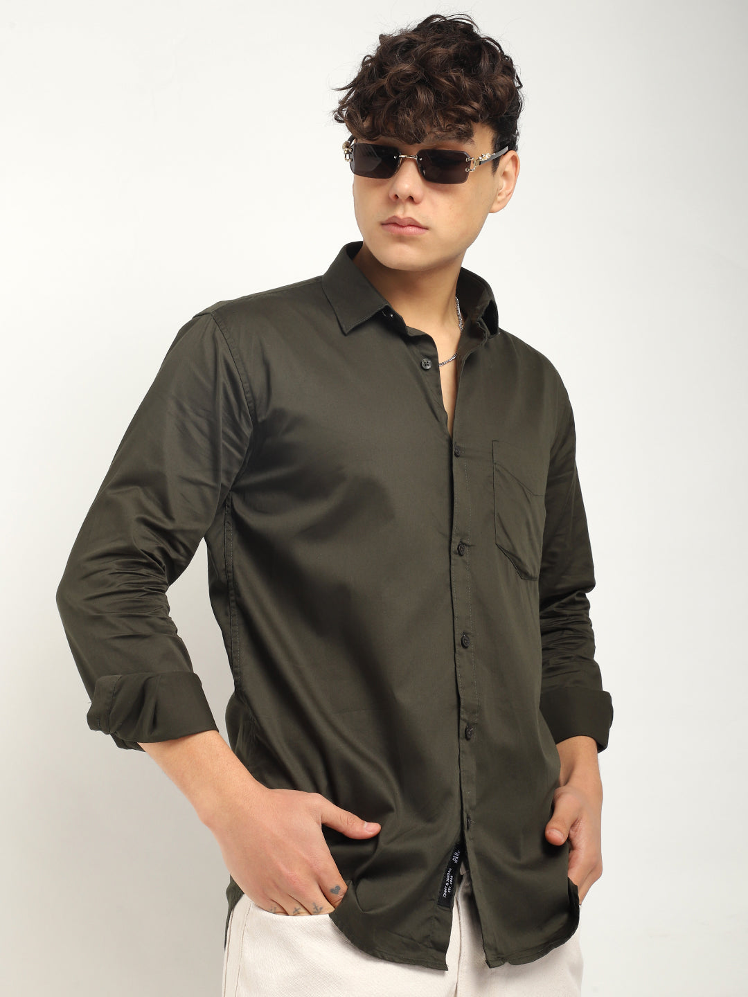 Streetwise Dark Green Satin Plain Shirt