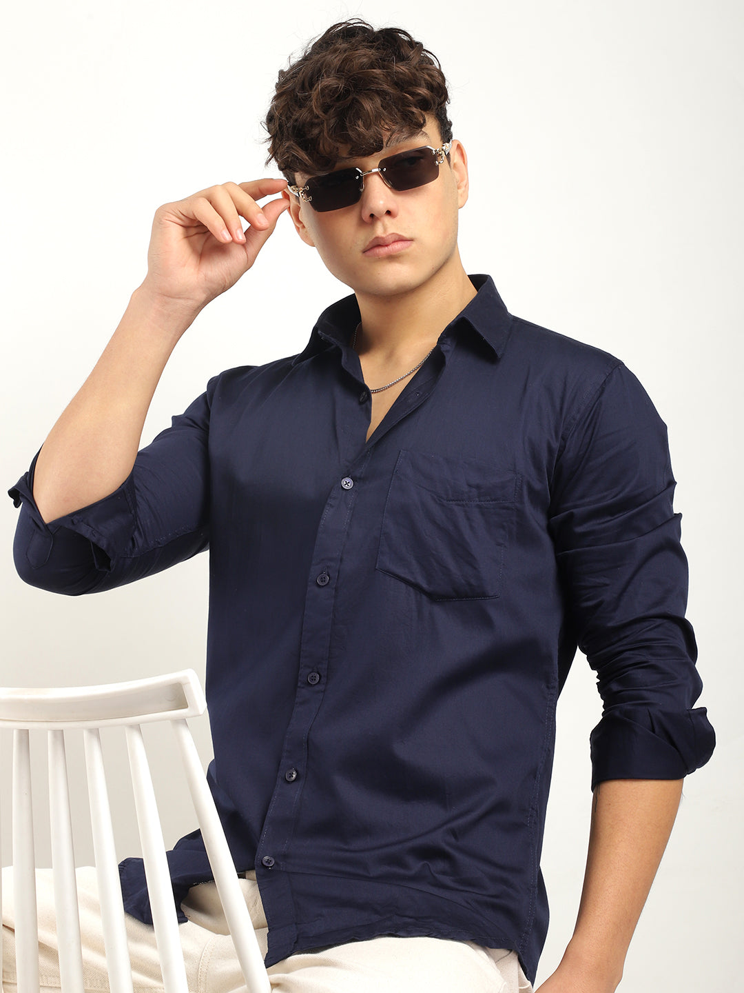 Streetwise Navy Satin Plain Shirt