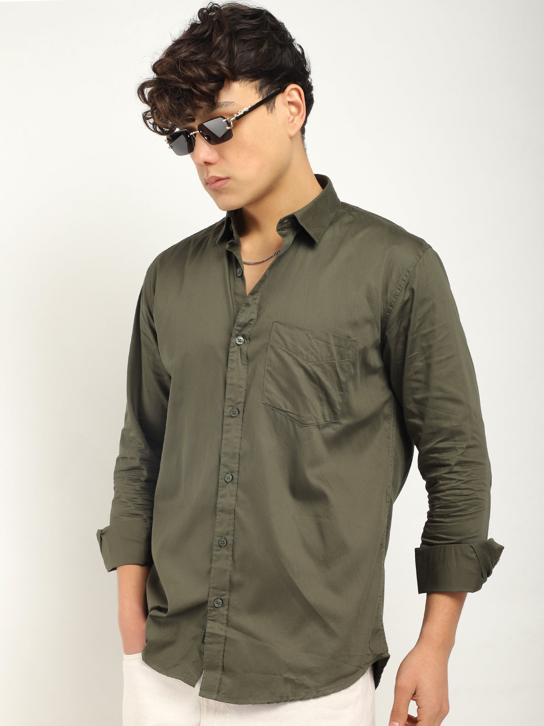 Streetwise Olive Satin Plain Shirt