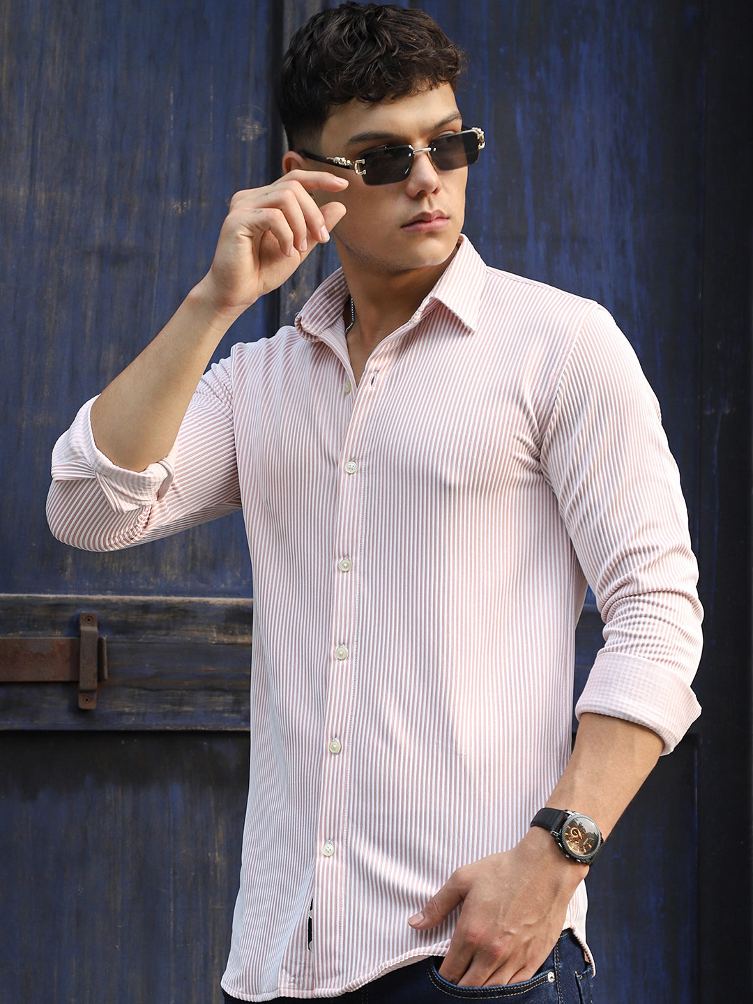 Sogno Lucido Peach Striped Full Sleeve Shirt