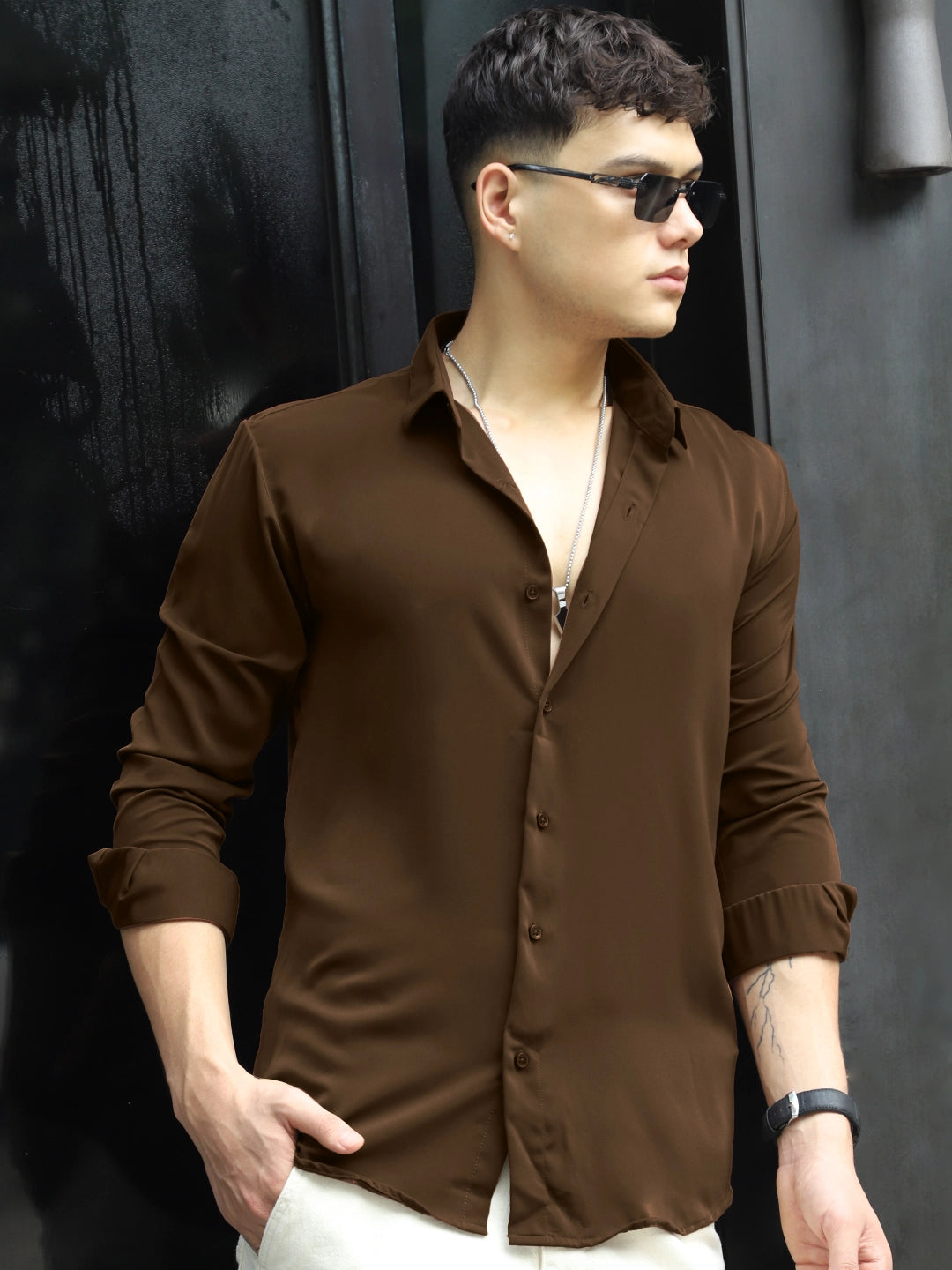 Oro Nero Dark Brown Full Sleeve Plain Shirt