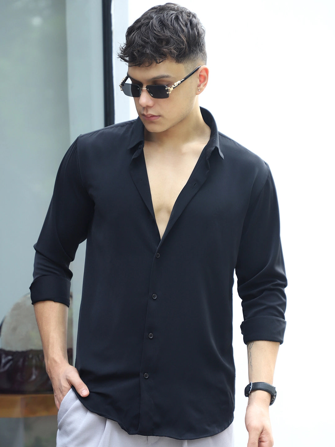 Oro Nero Black Full Sleeve Plain Shirt