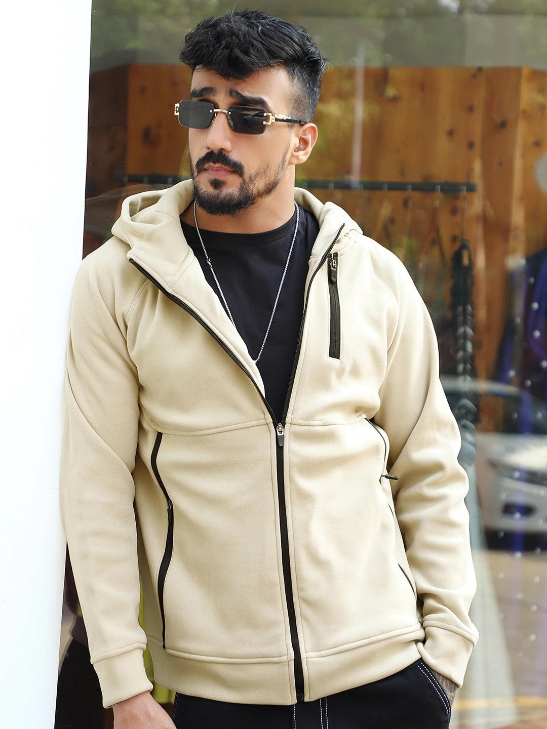 Wayfarer Beige Velvet Zipper Hoodie