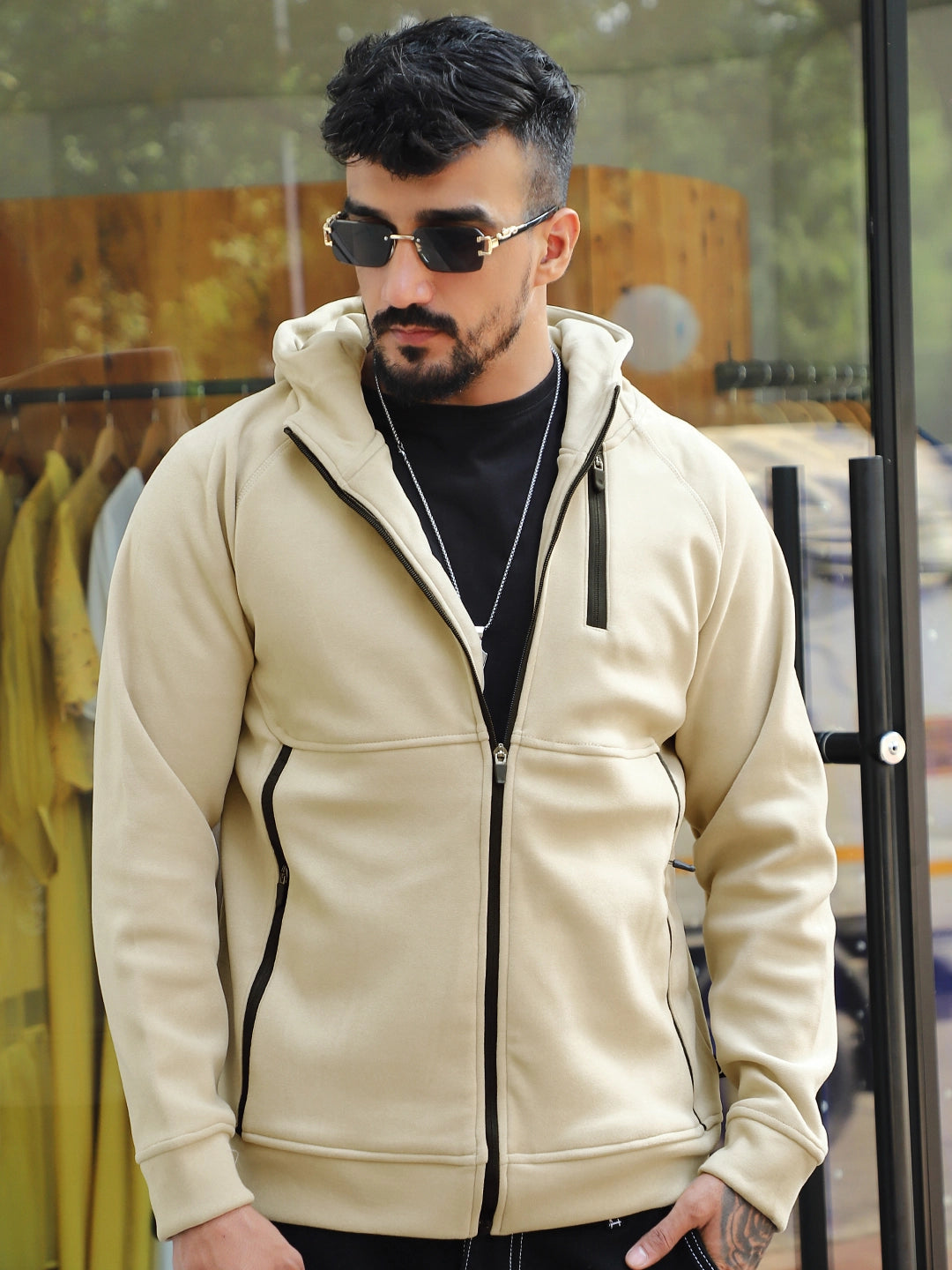 Wayfarer Beige Velvet Zipper Hoodie