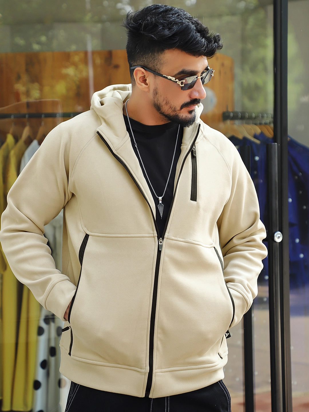 Wayfarer Beige Velvet Zipper Hoodie