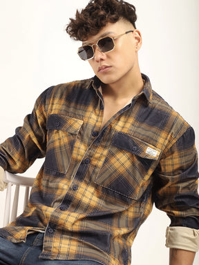 Corduroy Yellow Checkered Full Sleeve Shirt