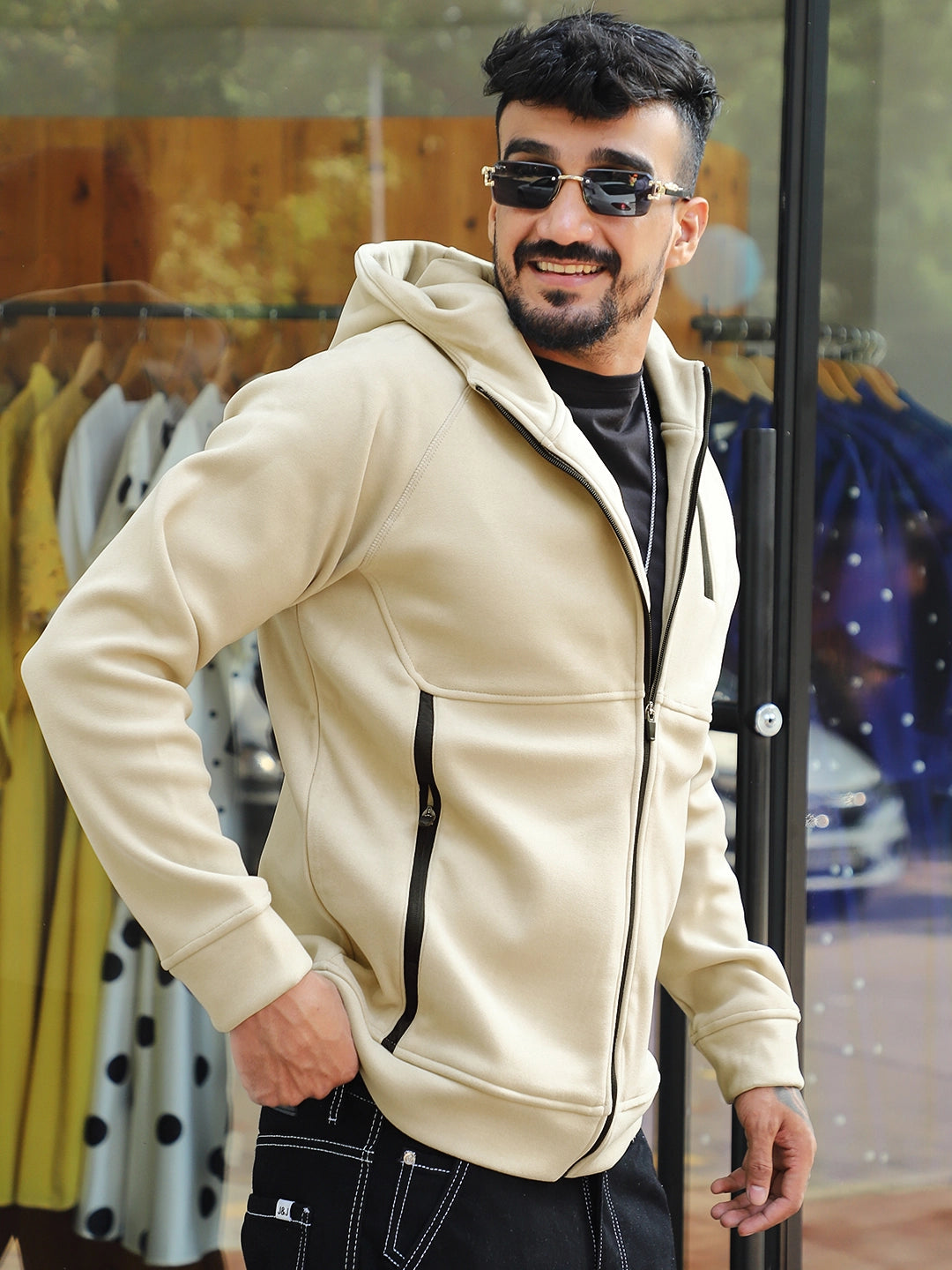 Wayfarer Beige Velvet Zipper Hoodie