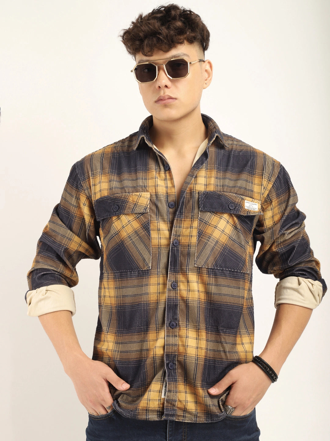 Corduroy Yellow Checkered Full Sleeve Shirt