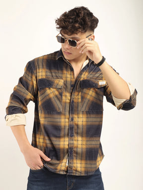 Corduroy Yellow Checkered Full Sleeve Shirt