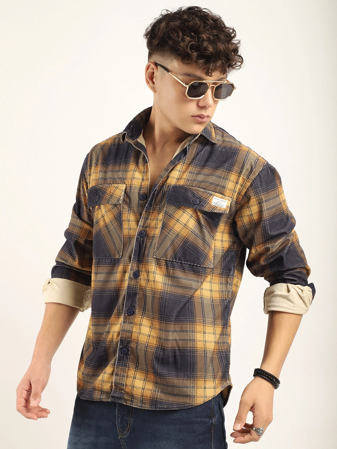 Corduroy Yellow Checkered Full Sleeve Shirt