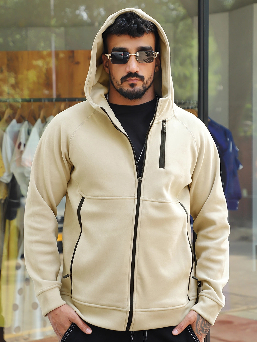 Wayfarer Beige Velvet Zipper Hoodie
