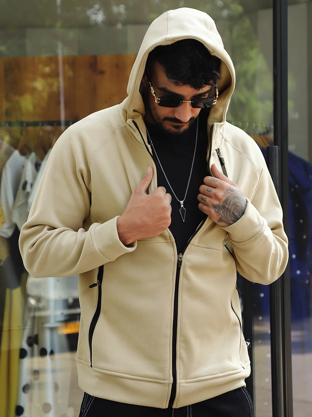 Wayfarer Beige Velvet Zipper Hoodie