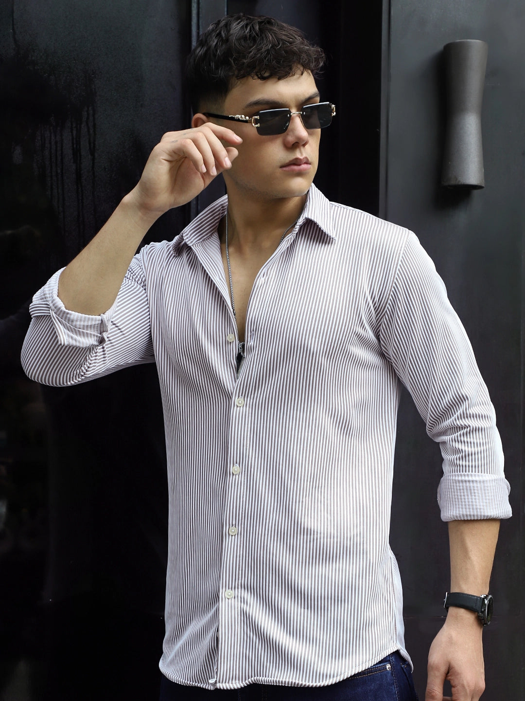 Sogno Lucido Brown Striped Full Sleeve Shirt