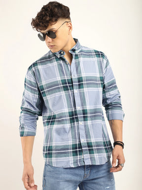 Massimou cotton Sky Blue Check Shirt