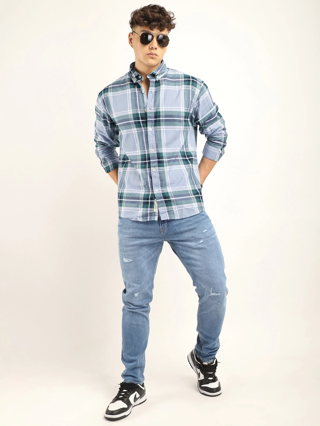 Massimou cotton Sky Blue Check Shirt