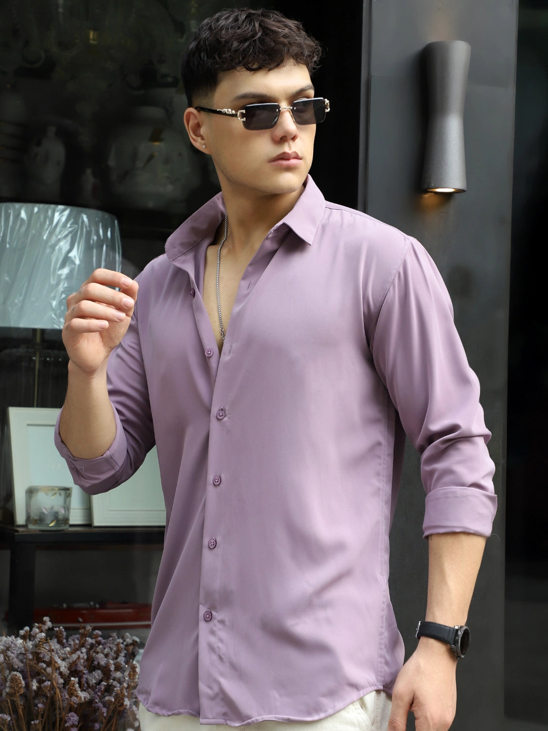 Oro Nero Purple Full Sleeve Plain Shirt
