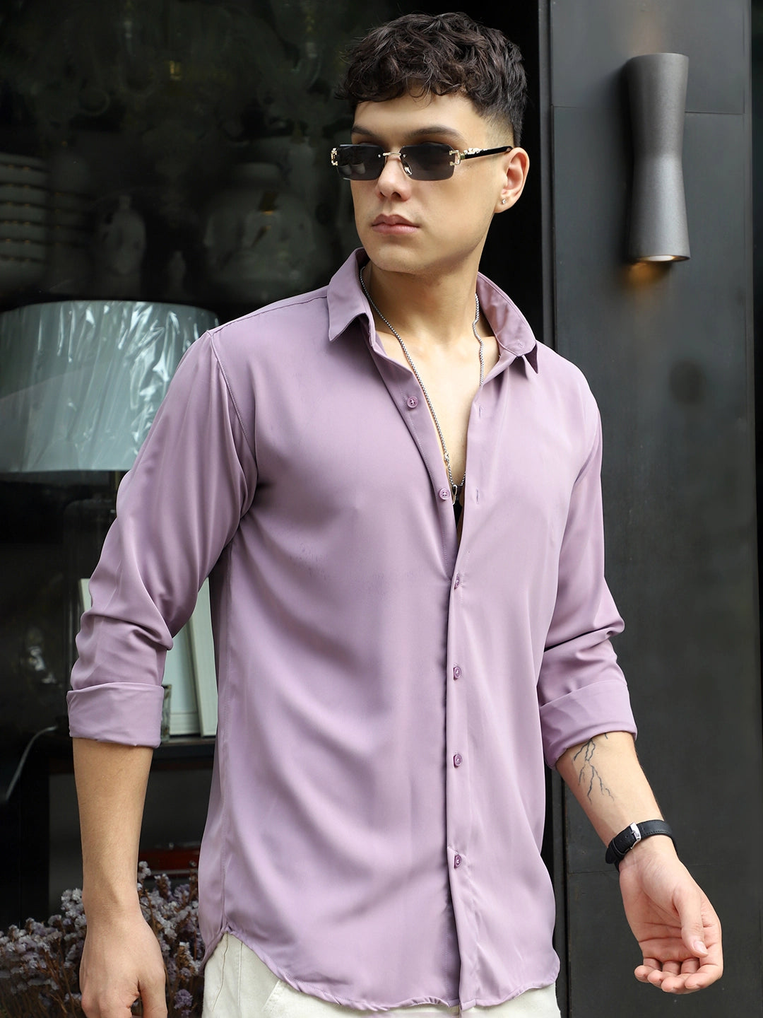 Oro Nero Purple Full Sleeve Plain Shirt