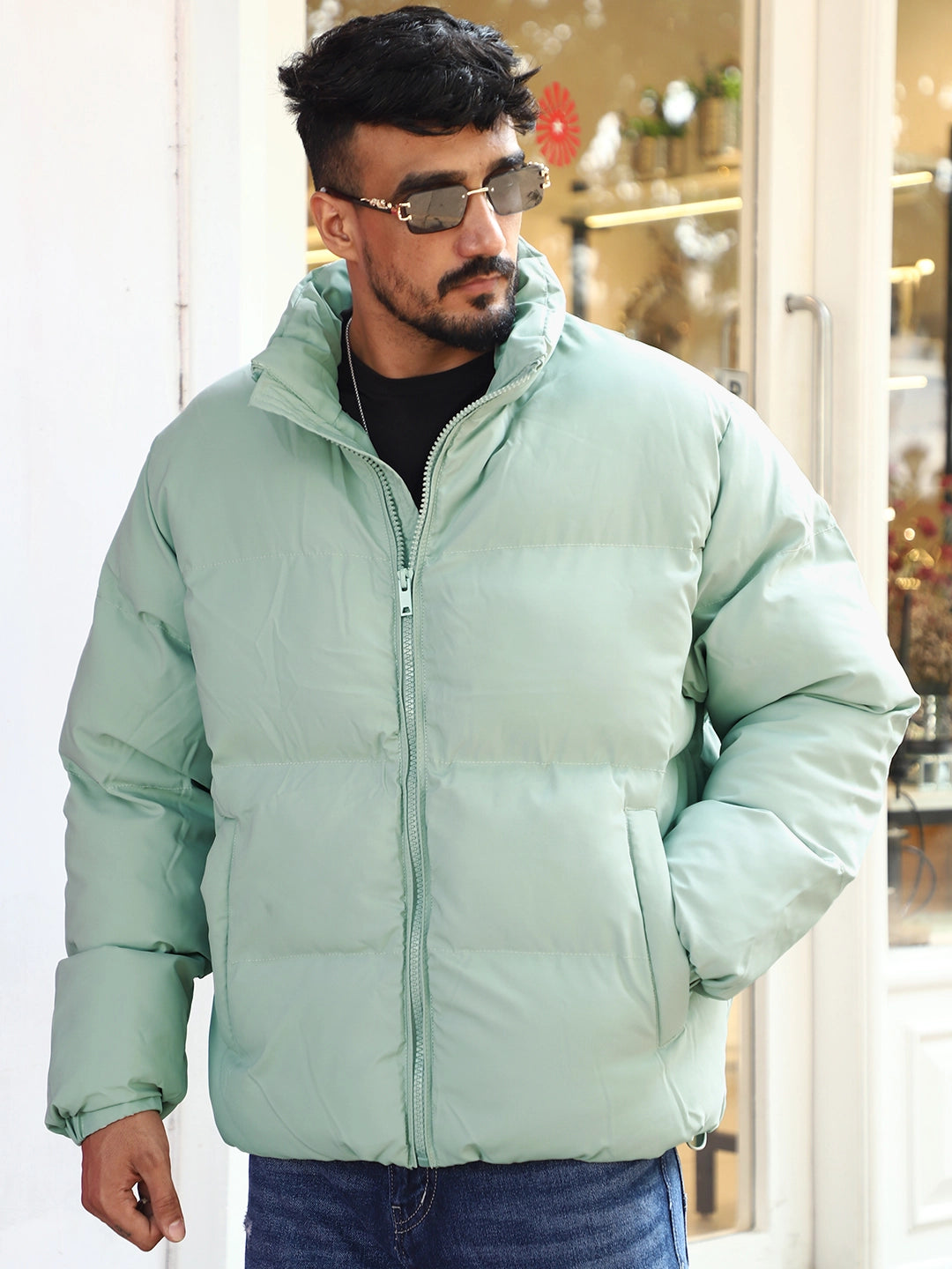 Urban Street Style Mint Blue Oversized Puffer Jacket