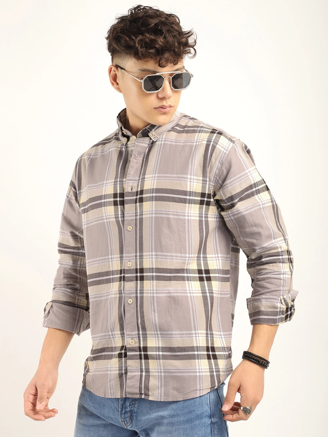 Massimou cotton Beige Check Shirt