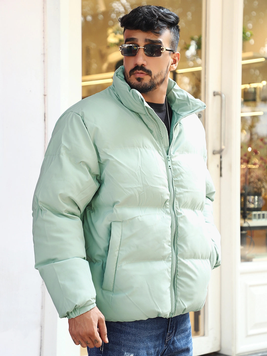 Urban Street Style Mint Blue Oversized Puffer Jacket