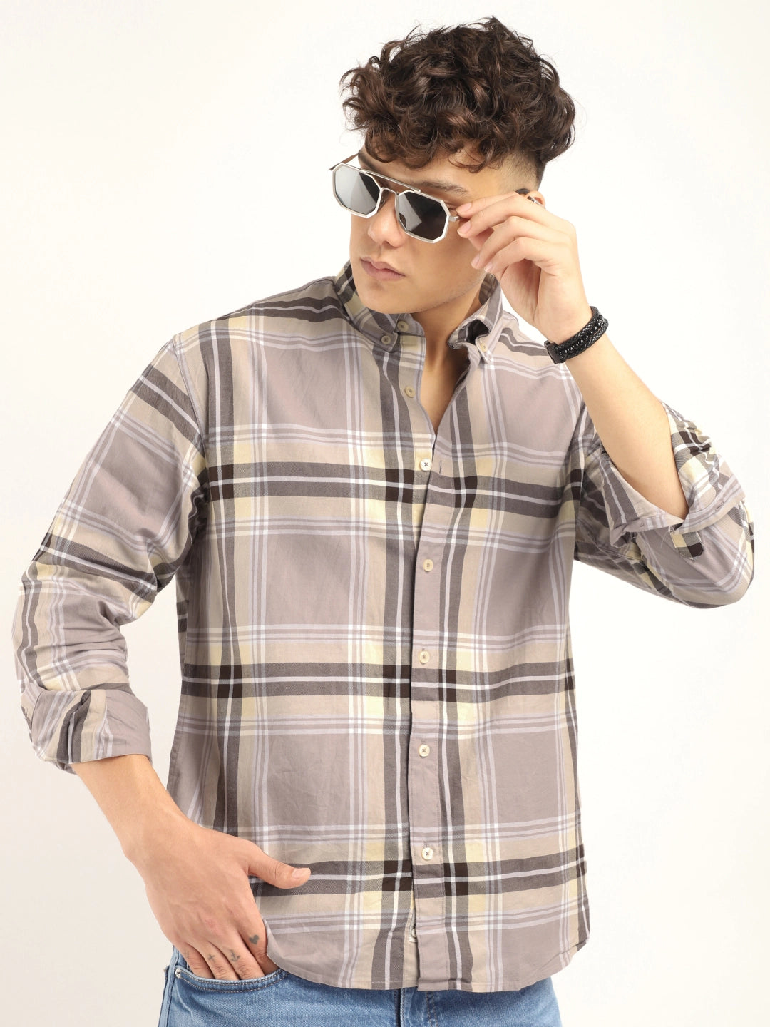 Massimou cotton Beige Check Shirt