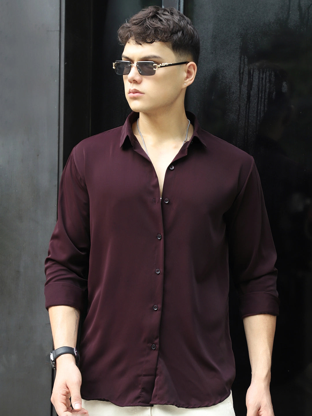 Oro Nero Wine Full Sleeve Plain Shirt