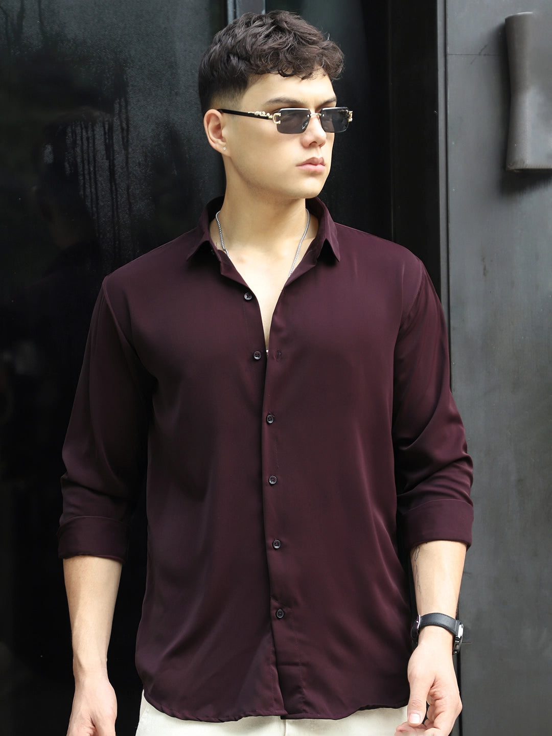 Oro Nero Wine Full Sleeve Plain Shirt