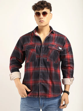 Corduroy Red  Checkered Full Sleeve Shirt