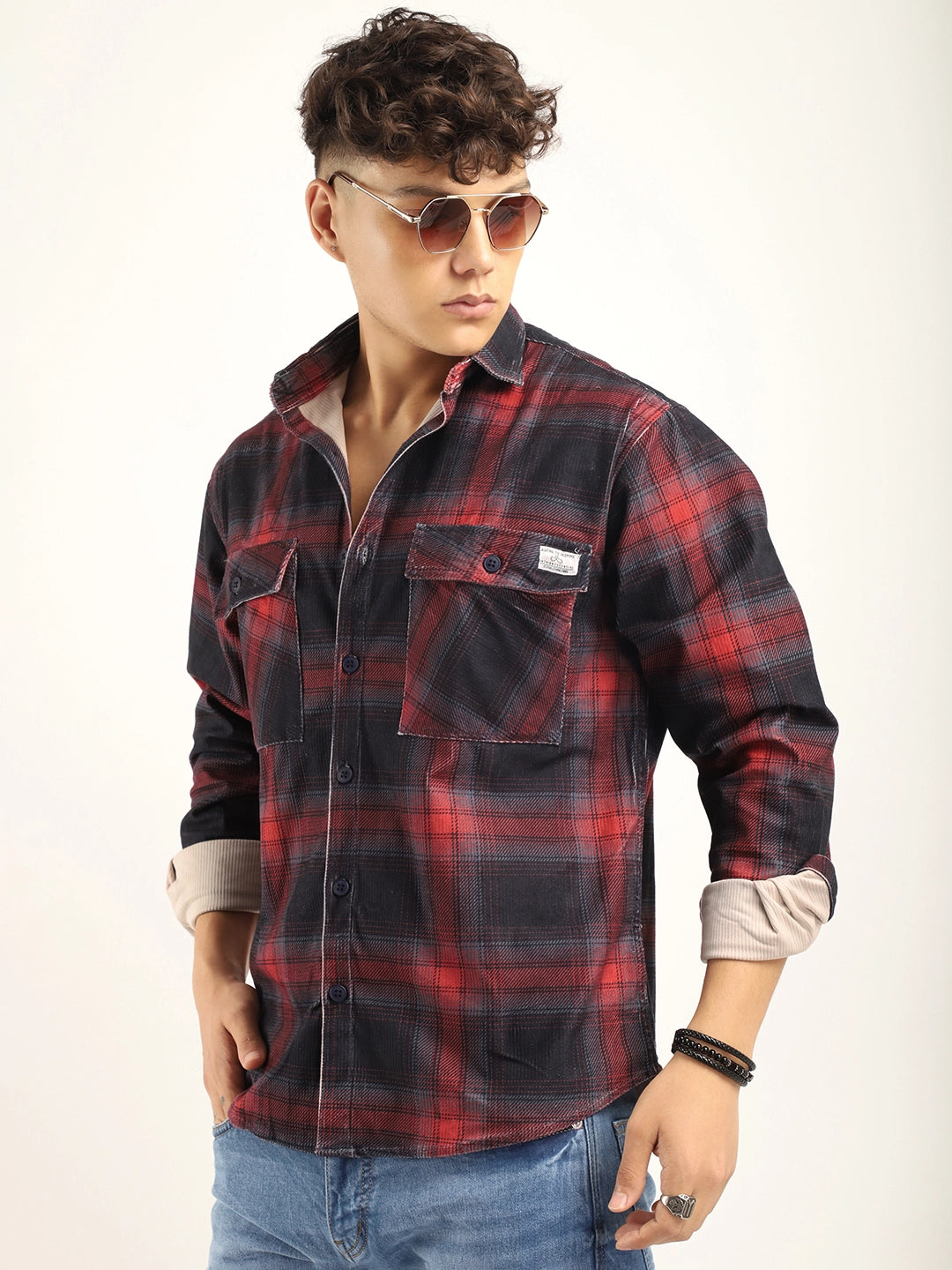 Corduroy Red  Checkered Full Sleeve Shirt