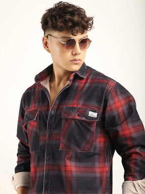 Corduroy Red  Checkered Full Sleeve Shirt