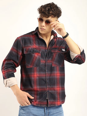 Corduroy Red  Checkered Full Sleeve Shirt