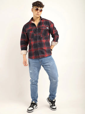 Corduroy Red  Checkered Full Sleeve Shirt