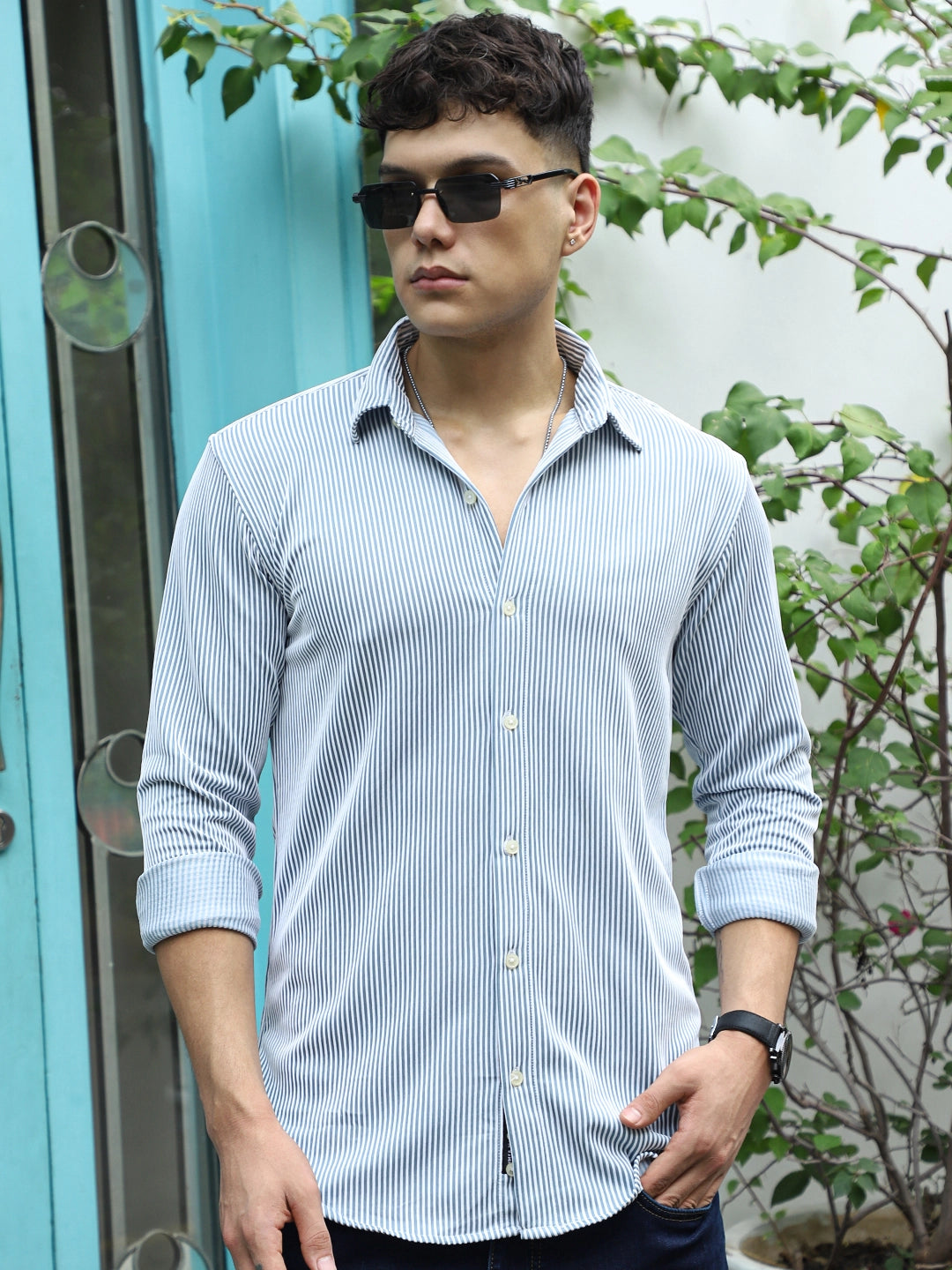 Sogno Lucido Sky Blue Striped Full Sleeve Shirt