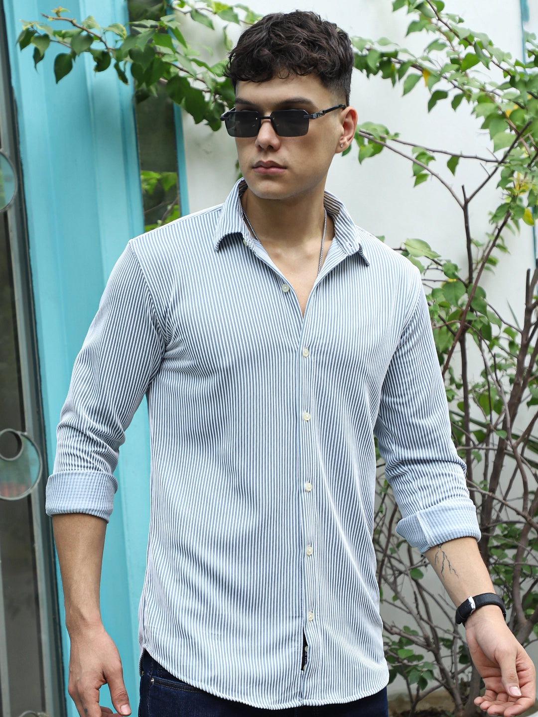 Sogno Lucido Sky Blue Striped Full Sleeve Shirt