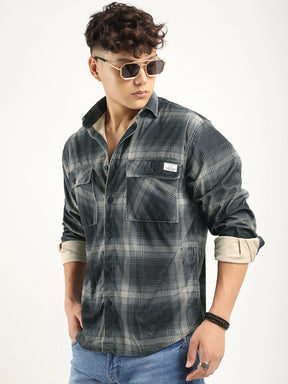 Corduroy Dark Grey  Checkered Full Sleeve Shirt