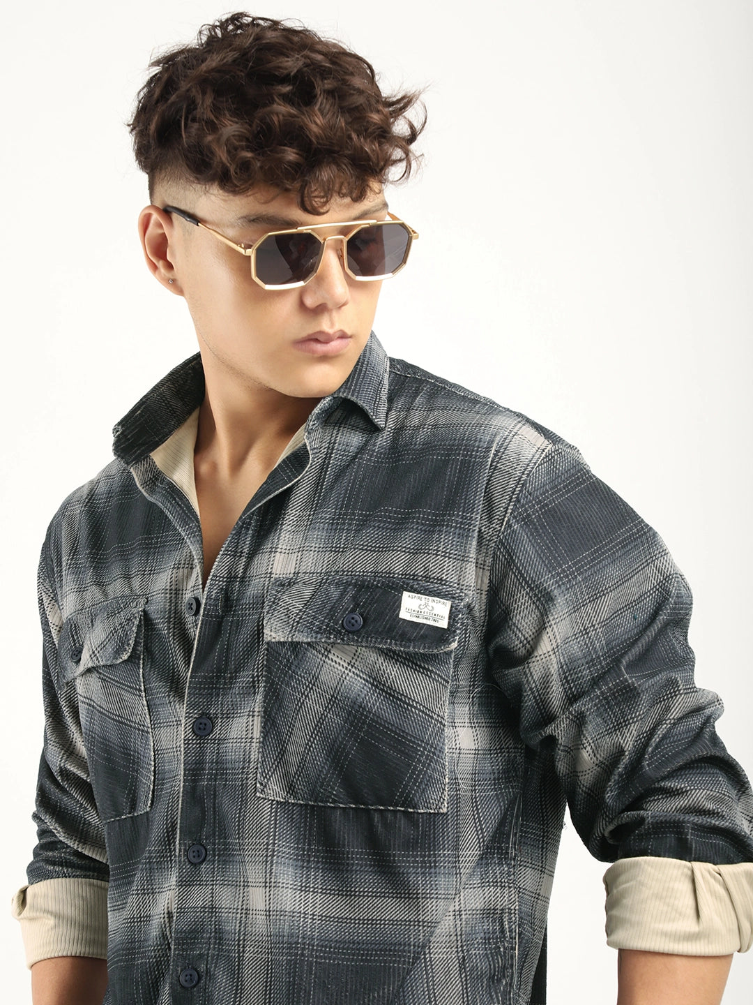 Corduroy Dark Grey  Checkered Full Sleeve Shirt