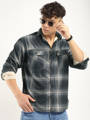 Corduroy Dark Grey  Checkered Full Sleeve Shirt