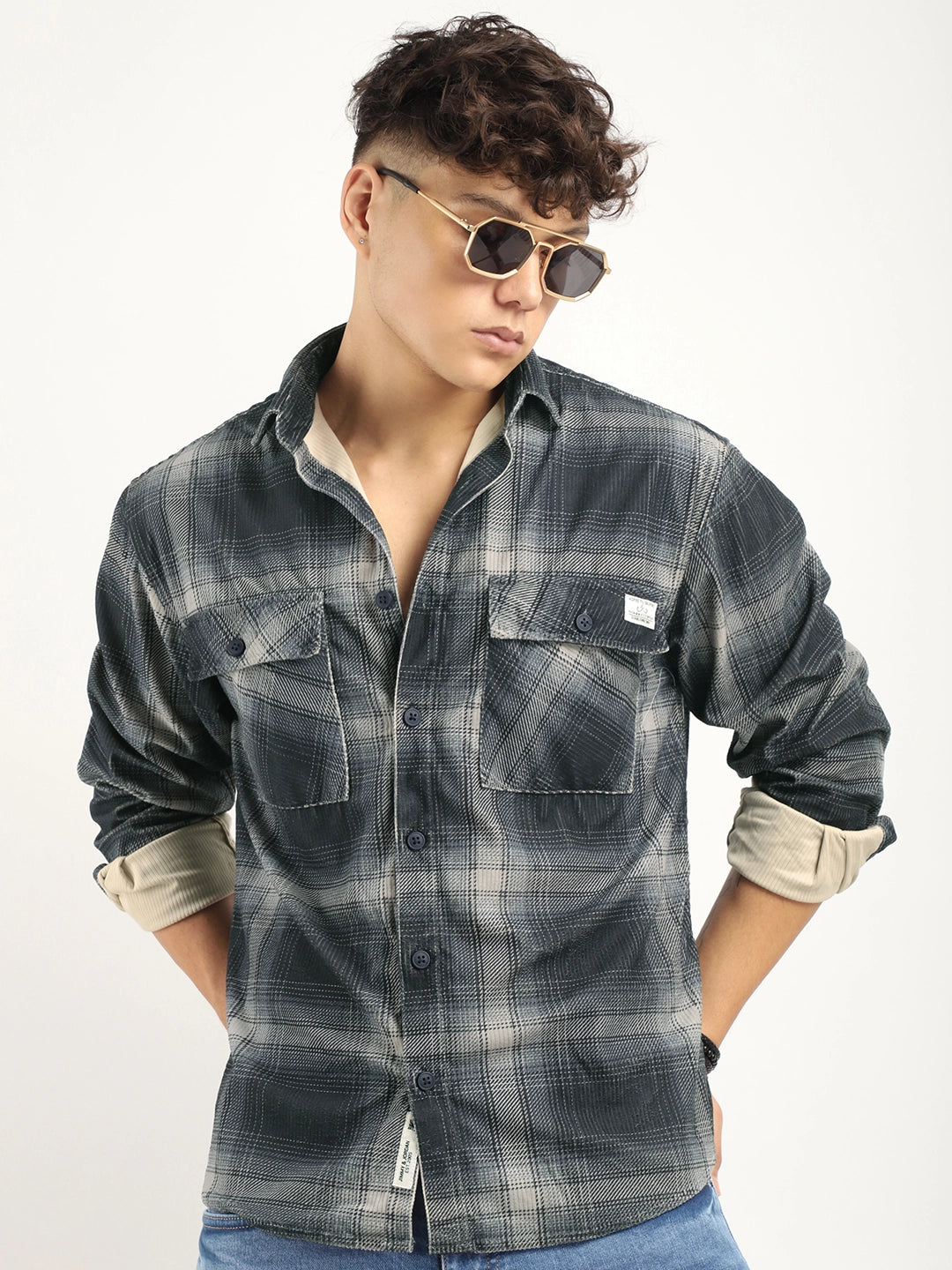 Corduroy Dark Grey  Checkered Full Sleeve Shirt