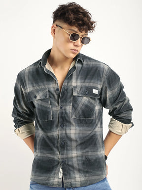 Corduroy Dark Grey  Checkered Full Sleeve Shirt