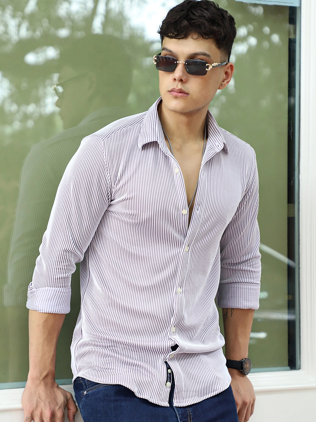 Sogno Lucido Purple Striped Full Sleeve Shirt