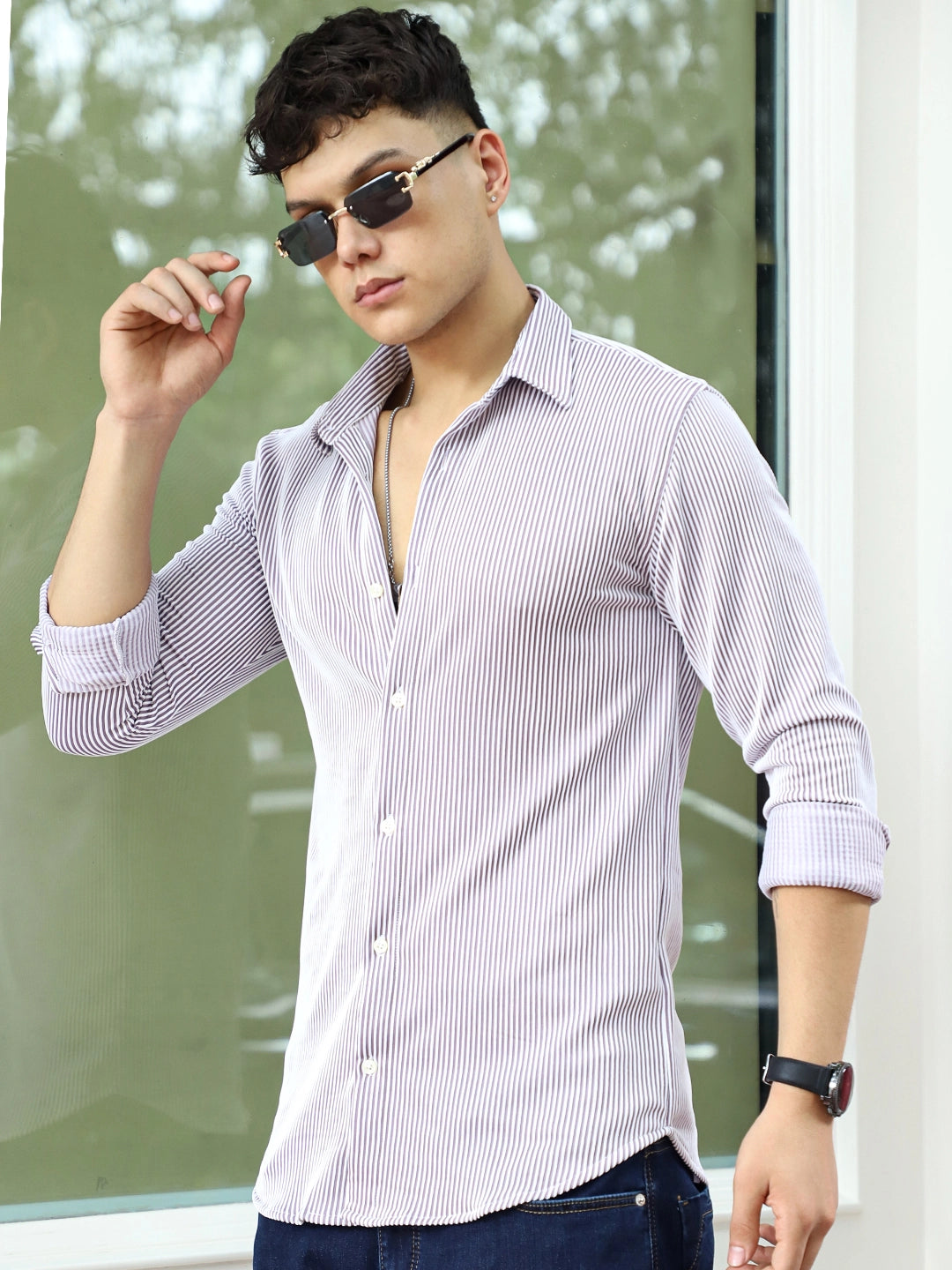 Sogno Lucido Purple Striped Full Sleeve Shirt