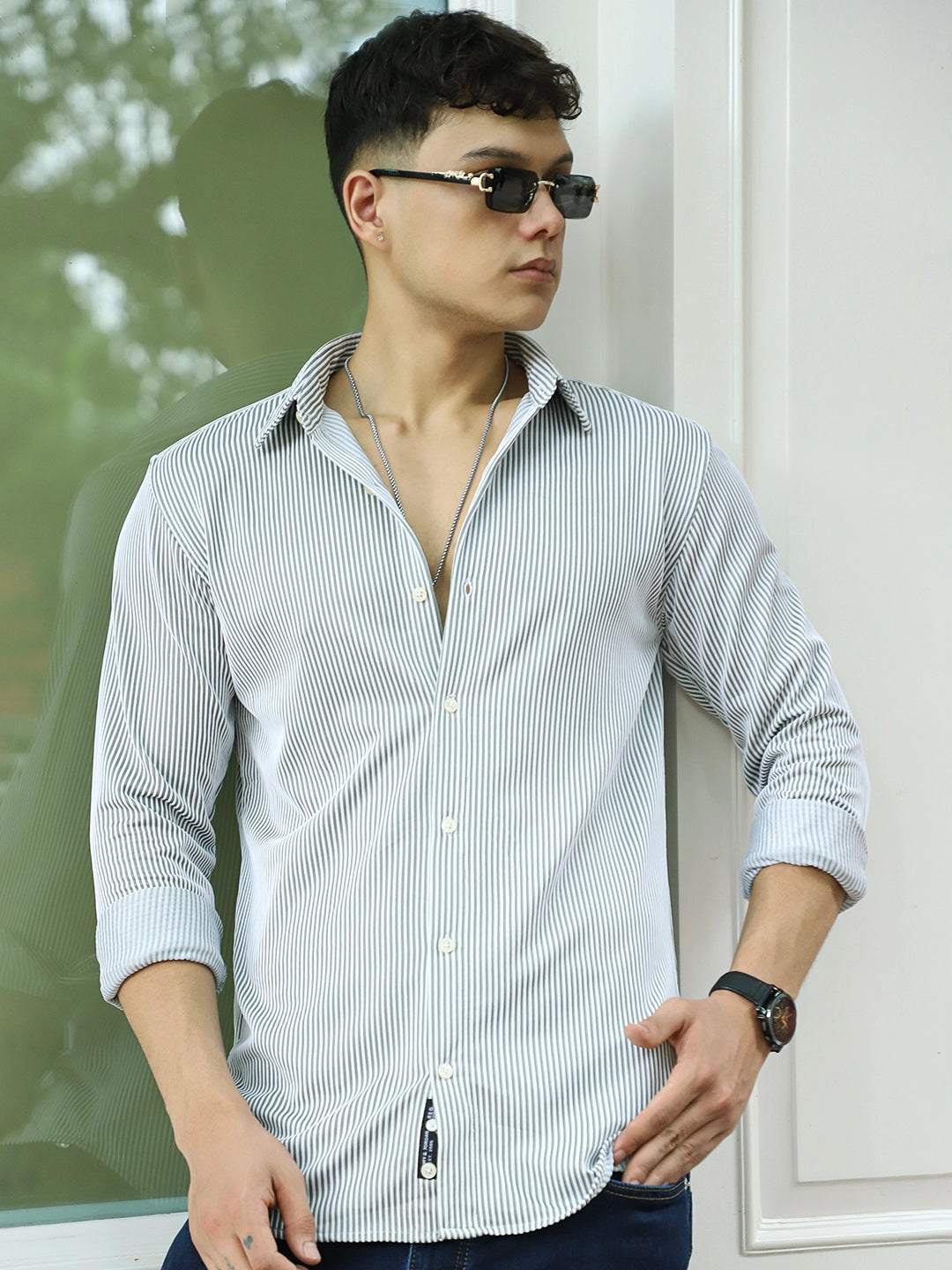 Sogno Lucido Dark Green Striped Full Sleeve Shirt