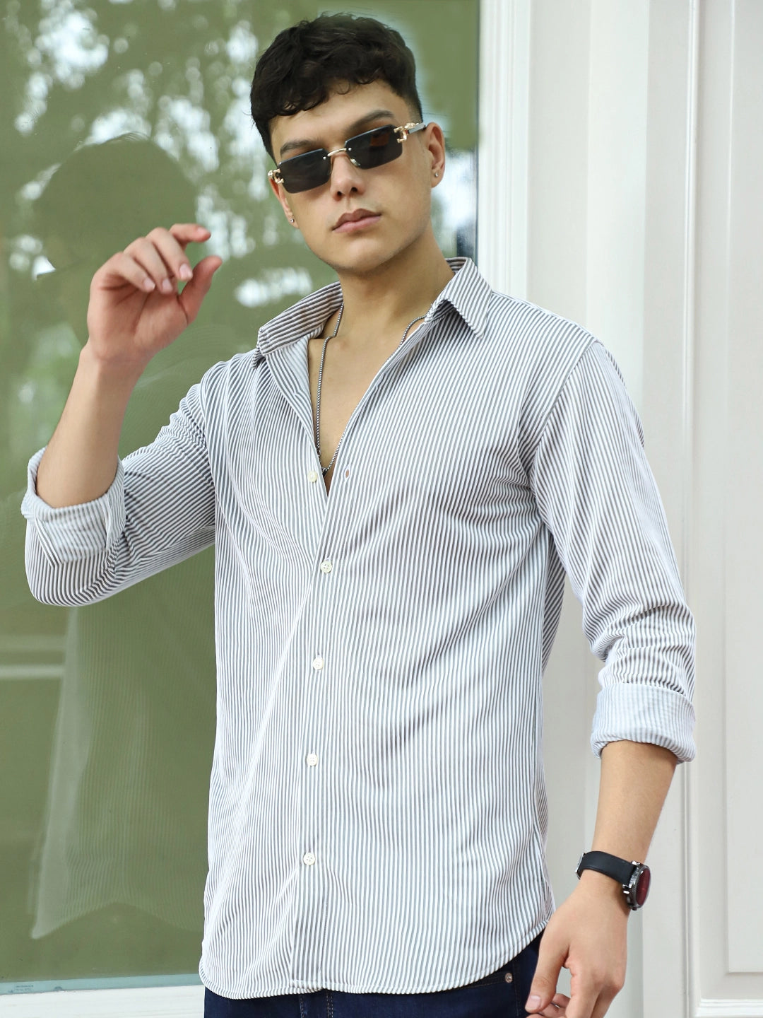 Sogno Lucido Dark Green Striped Full Sleeve Shirt