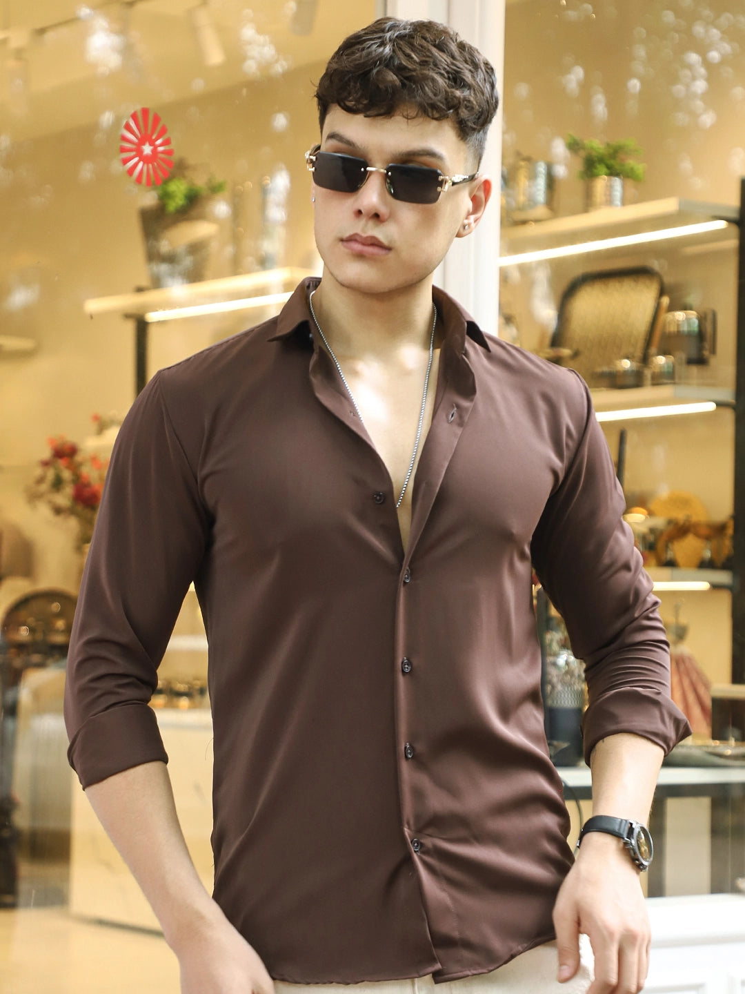 Oro Nero Brown Full Sleeve Plain Shirt