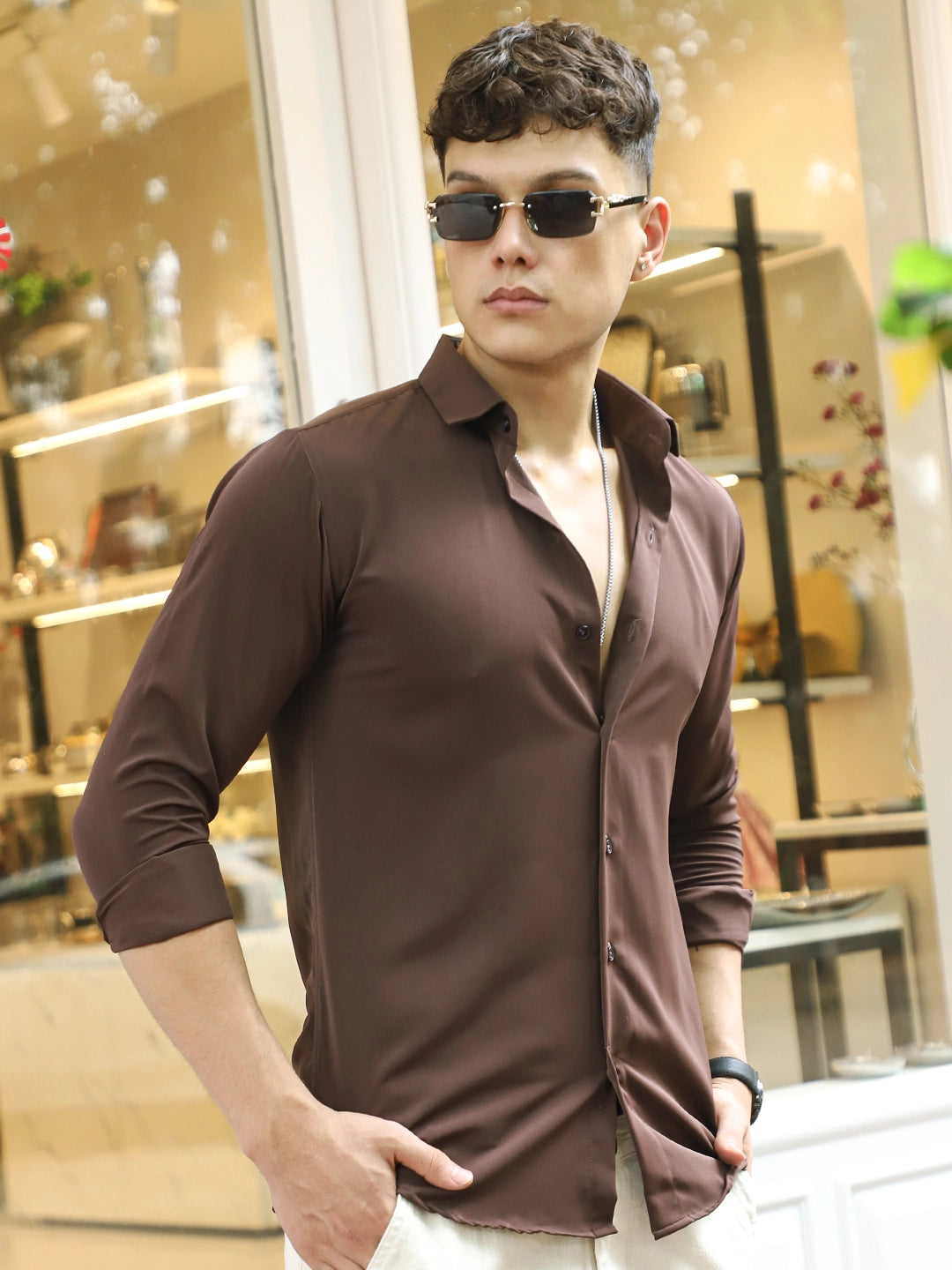 Oro Nero Brown Full Sleeve Plain Shirt
