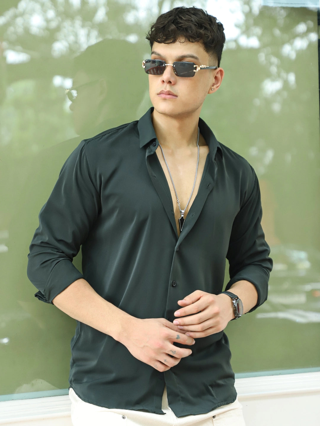 Oro Nero Dark Green Full Sleeve Plain Shirt