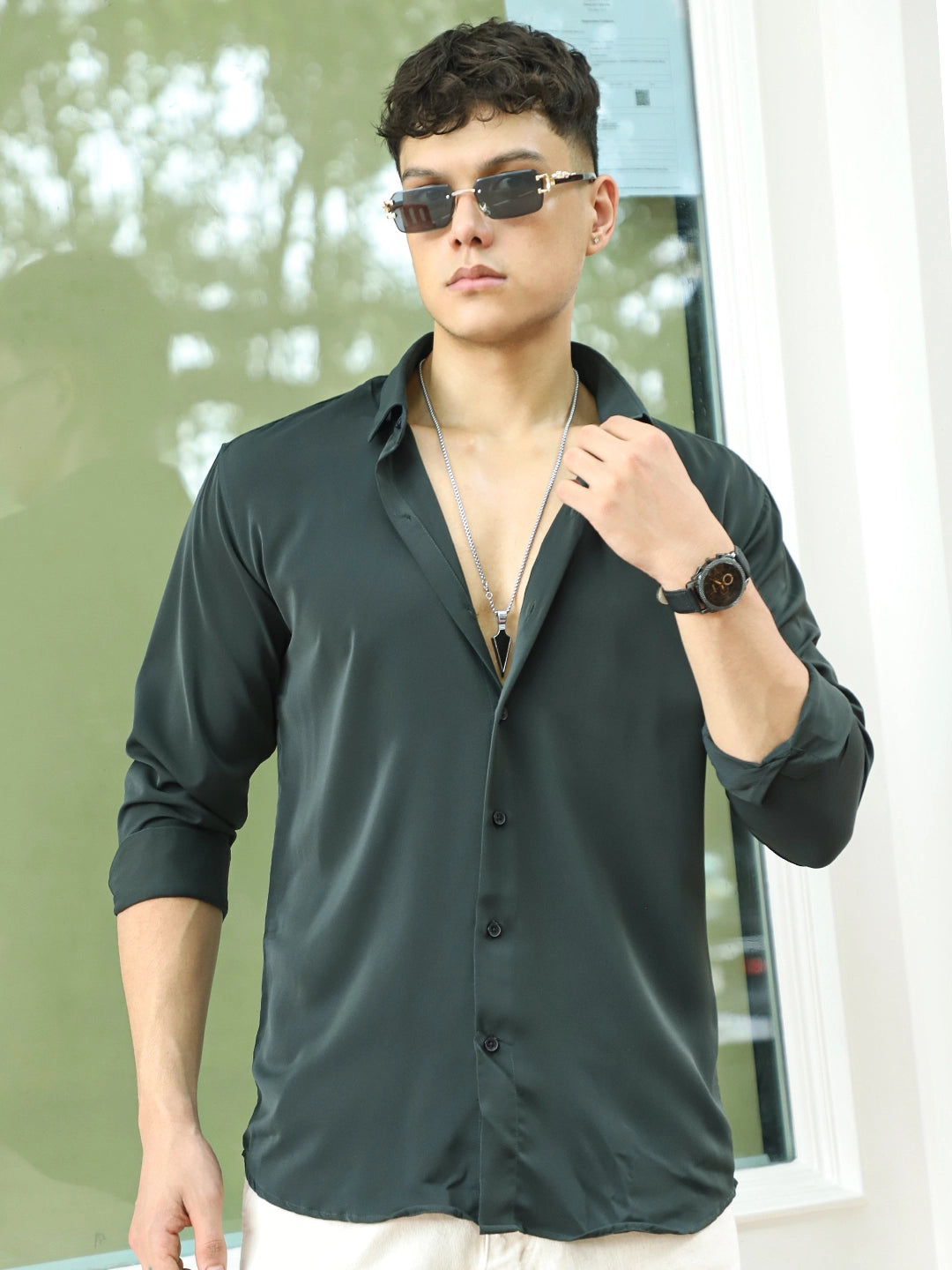 Oro Nero Dark Green Full Sleeve Plain Shirt