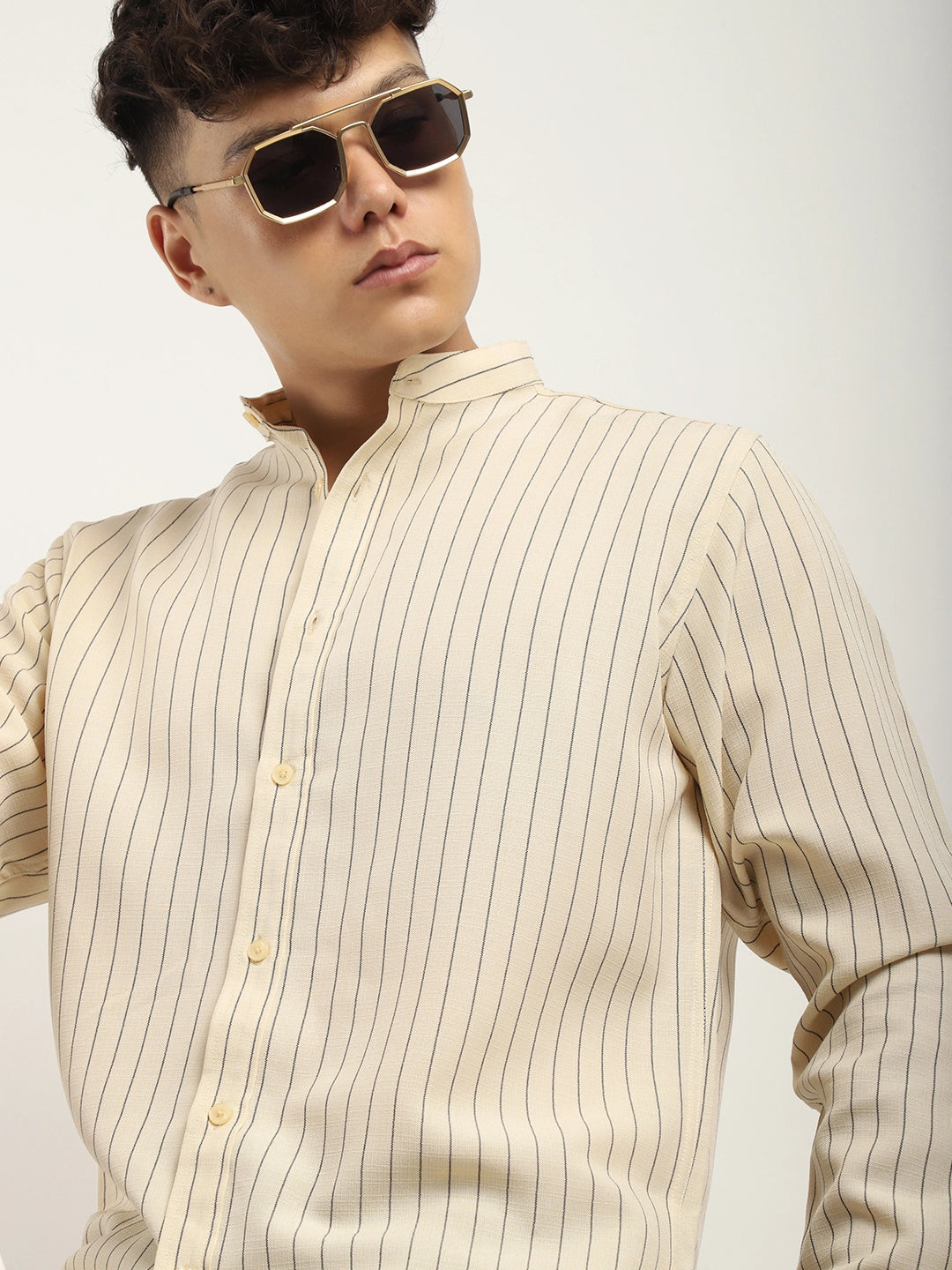 Fabric Linen Beige Stitch Full Sleeve Shirt