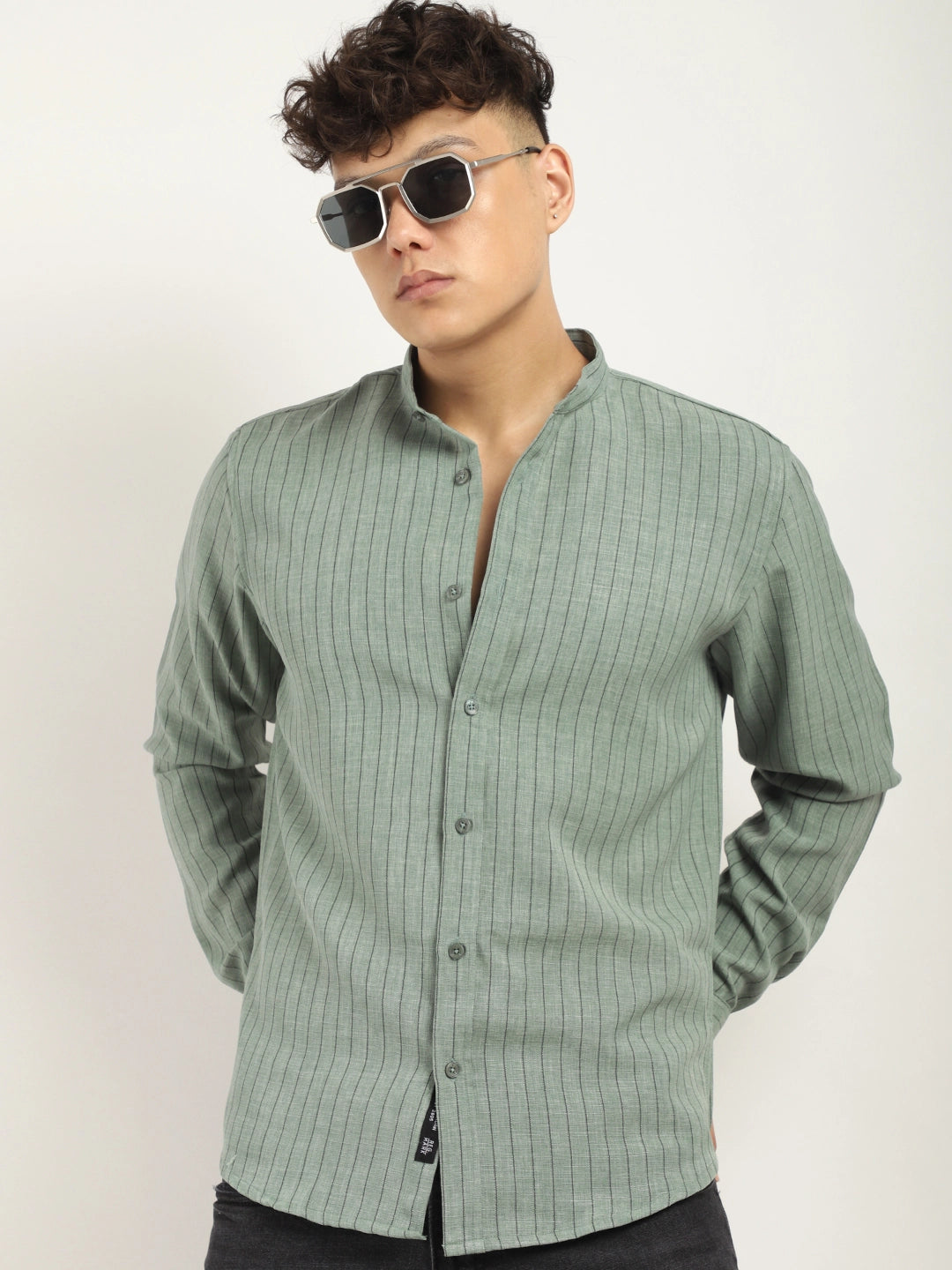 Fabric Linen Sea Green Stitch Full Sleeve Shirt